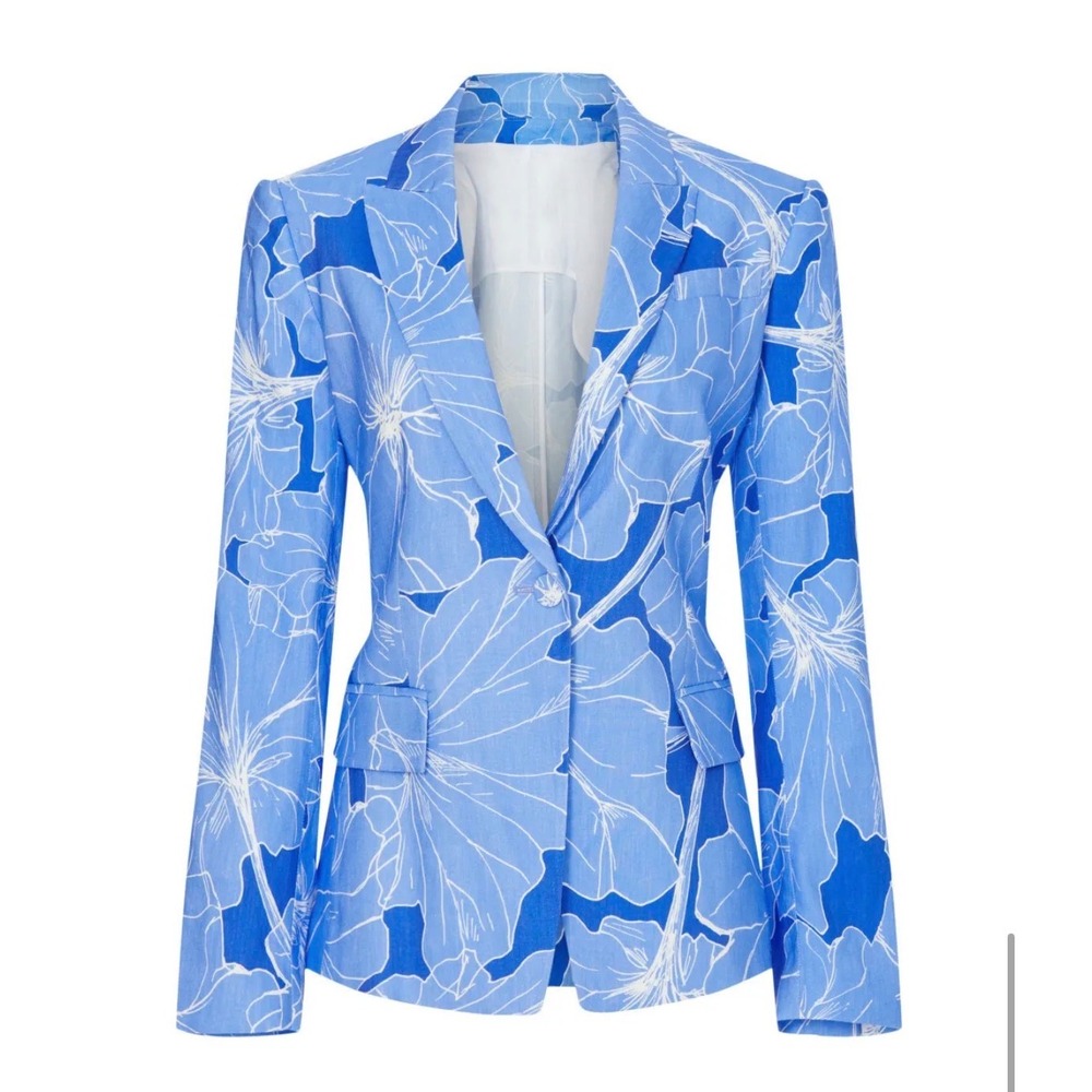 Milly Blue‎ Floral Lily Linen Blend Blazer Jacket Size 10